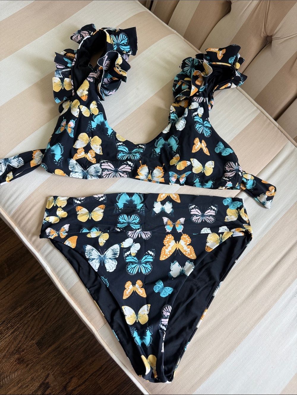 Buddy Love Black Butterfly-print Ruffle Bikini Set